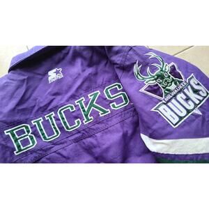 Milwaukee Bucks 90s STARTER puffer LOGOS jacket L purple green NBA vintage